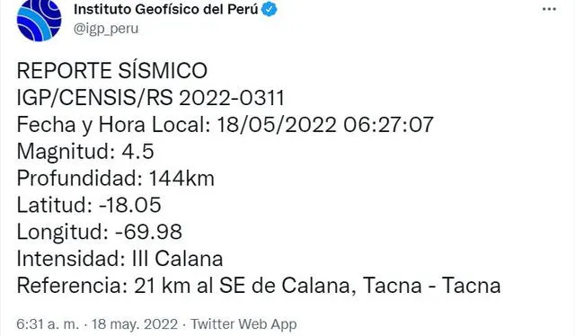 Datos del sismo en Tacna. Foto: captura IGP