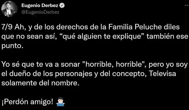 Eugenio Derbez habló sobre los derechos de transmisión de "La familia Peluche". Foto: Twitter