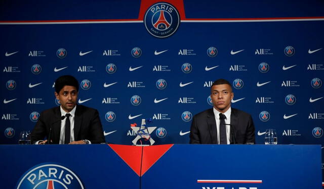Al Khelaïfi y Mbappé en conferencia de prensa. Foto: EFE.