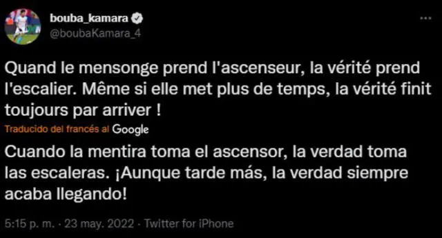 Tuit de Kamara tras las acusaciones de periodista francés. Foto: Captura Twitter