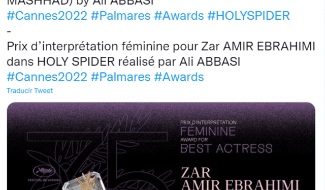 Zar Amir Ebrahimi ganó como mejor actriz en el Festival de Cannes 2022 por su papel en "Holy spider". Foto: captura Twitter