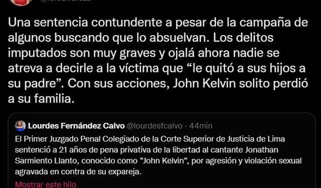 Lorena Álvarez opinó sobre el encarcelamiento de John Kelvin. Foto: Lorena Alvares/Twitter