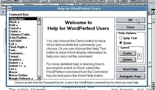 La primera versión de Word para Windows 3.0, dando la bienvenida a los usuarios que migraban desde WordPerfect. Foto: WinWorldPC.com
