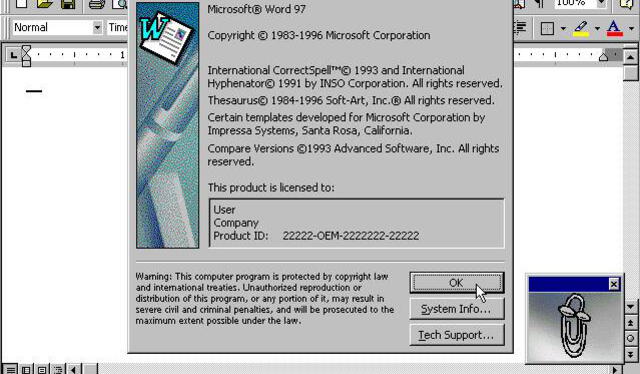 Versión de 1997, con la inclusión del recordado asistente Clippy. Foto: WinWorldPC.com