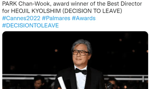 Park Chan Wook ganó como mejor director en el Festival de Cine de Cannes 2022 con "Decision to leave". Foto: captura Twitter