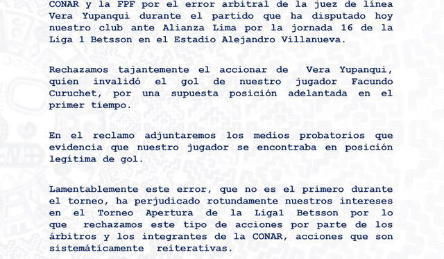 Este es el documento que el Club Cienciano difundió a través de Twitter. Foto: Twitter