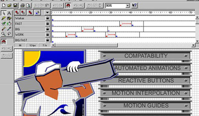 FutureSplash Animator, con su tradicional línea de tiempo por fotogramas, que sobrevive hasta hoy en Adobe Animate. Foto: WinWorldPC