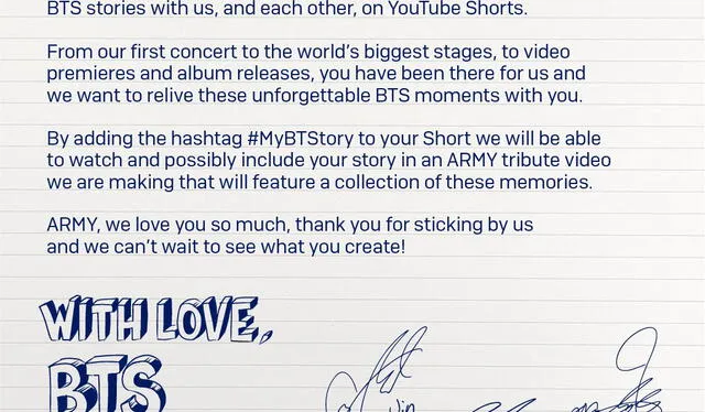 Carta grupal de BTS por el noveno aniversario y anuncio de 'MyBTStory'. Foto: Twitter @bts_bighit