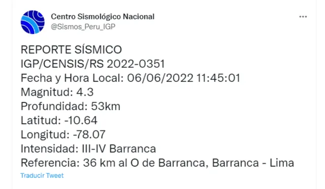 Un sismo se registró el último lunes 6 de junio en Barranca, Lima. Foto: captura Twitter