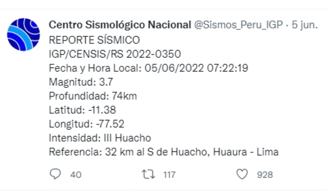 Revisa los últimos sismos ocurridos en el Perú. Foto: captura Twitter