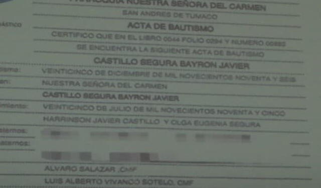 Certificado de bautismo de Byron Castillo. Foto: difusión