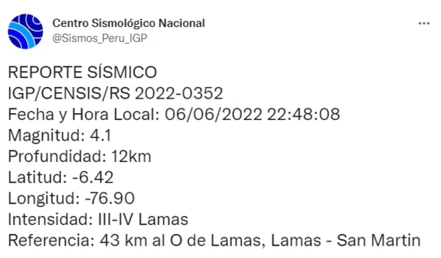 Sismo se registró el último lunes 7 de junio en Lamas, San Martín. Foto: captura Twitter