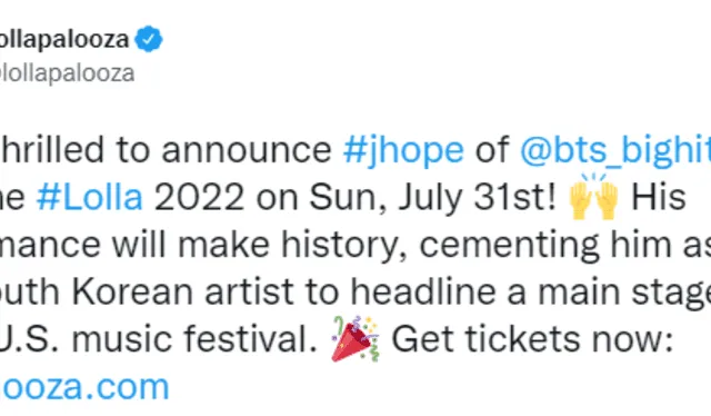 Lollapalooza anunció a J-Hope de BTS como uno de los artistas invitados que encabezarán el festival. Foto: captura Twitter