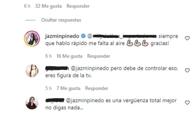 Jazmín Pinedo contesta comentarios de usuarios en redes sociales. Foto: Jazmín Pinedo/Instagram
