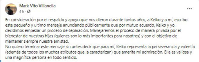 Mark Vitto envió un mensaje tras su separación con Keiko Fujimori. Foto: captura/Facebook