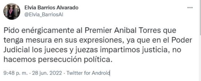 Elvia Barrios responde a Aníbal Torres. Foto: Captura Twitter