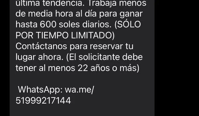 Mensaje engañoso en SMS y WhatsApp. Foto: captura SMS