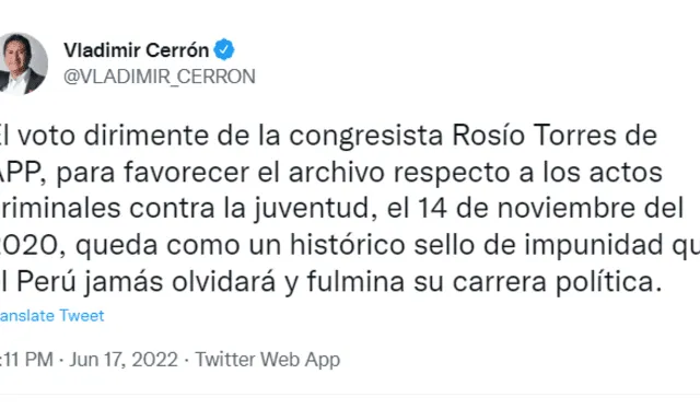 Vladimir Cerrón cuestionó a la congresista Rosio Torres por blindar a Manuel Merino en la Subcomisión de Acusaciones Constitucionales