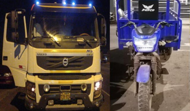 Camión y motocar intervenidos en Buenos Aires. Foto: PNP
