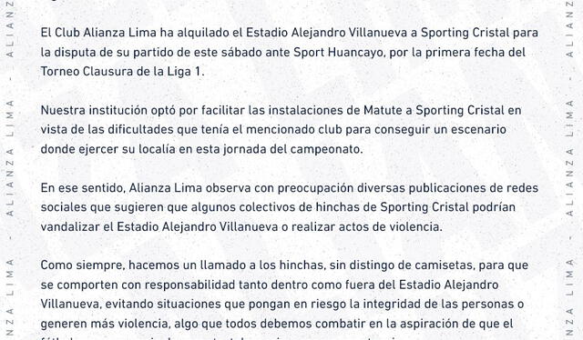 La comunicación de Alianza Lima sobre posibles actos vandálicos en su estadio. Foto: Alianza Lima