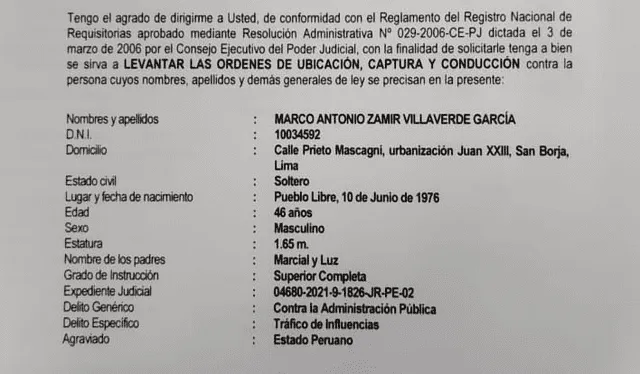 El Poder Judicial solicitó a Policía Nacional del Perú que se levante la detención contra Zamir Villaverde.