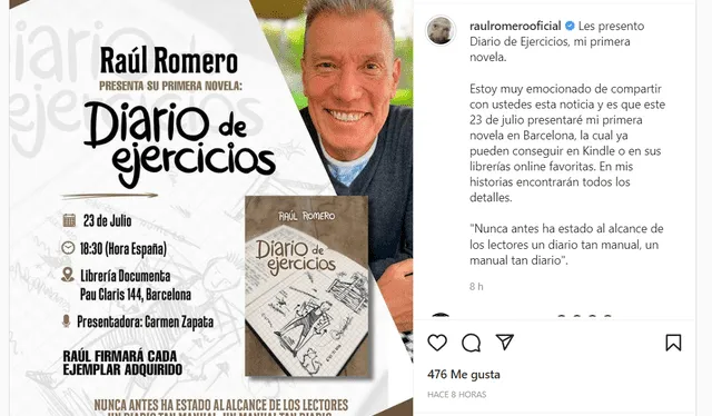 Publicación de Raúl Romero sobre la presentación de su libro en España. Foto: Raúl Romero/Instagram