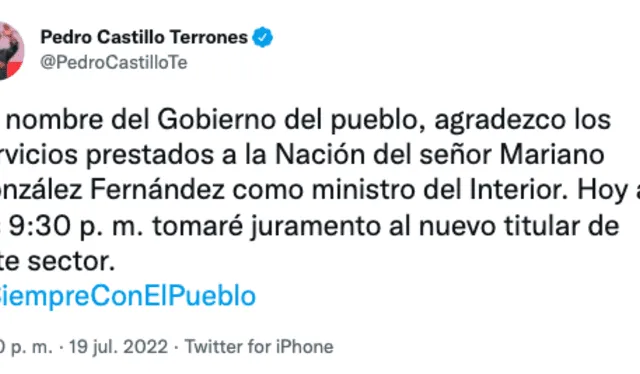 Pedro Castillo anuncia juramentación de nuevo ministro del Interio. Foto: Twitter de Pedro Castillo
