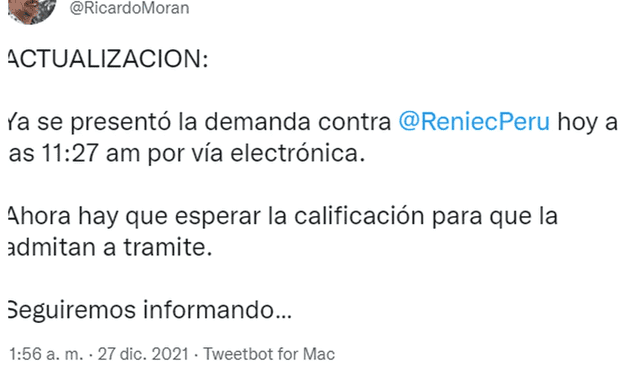 Ricardo Morán presentó denuncia contra la Reniec en el 2021. Foto: captura de Twitter