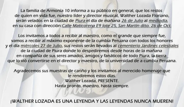 Esta es la fecha escogida por la agrupación de cumbia para despedirse de Walther Lozada. Foto: Armonía 10/ Facebook