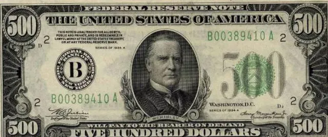 El último billete de 500 dólares con la imagen del presidente McKinley se imprimió en 1945. Foto: Dominio público / Investopedia