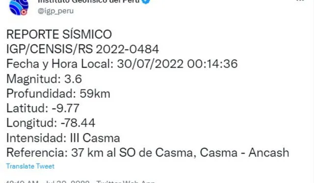 Datos del sismo en Áncash. Foto: captura de Twitter @igp_peru