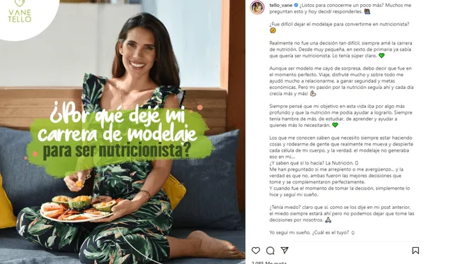 Vanessa Tello reveló en 2021 los motivos por los que dejó su carrera como modelo para enfocarse en su profesión. Foto: captura Instagram / @tello_vane