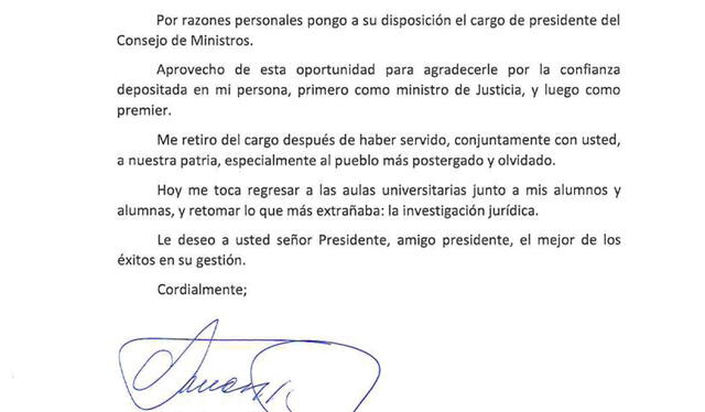 Carta de renuncia de Aníbal Torres. Foto: Twitter de Aníbal Torres