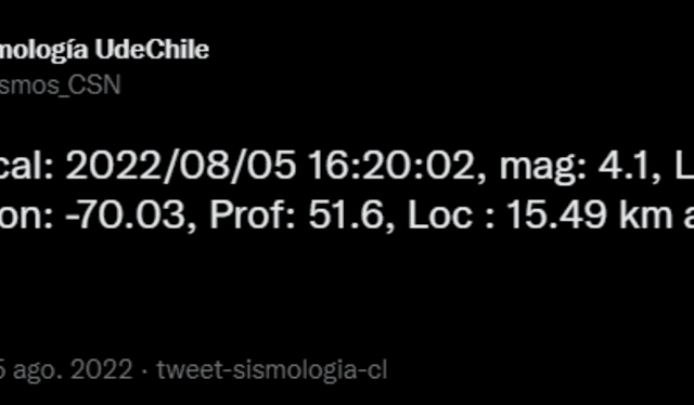Último sismo en Chile, viernes 5 de agosto de 2022. Foto: captura CSN twitter