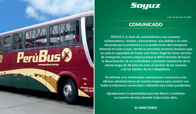 Soyuz SA anunció el cese de sus actividades a mediados de 2020 y, posteriormente, realizó un aporte patrimonial a la empresa Perú Bus. Foto: composición LR/Soyuz/Facebook