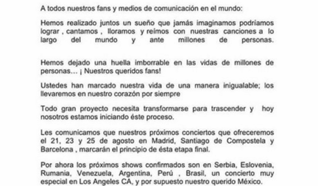 RBD anuncia el fin de la agrupación. Foto: Music mundial
