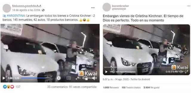 Los post vinculan el video con presunto embargo a Cristina Fernández. Foto: capturas en Facebook y Twitter.