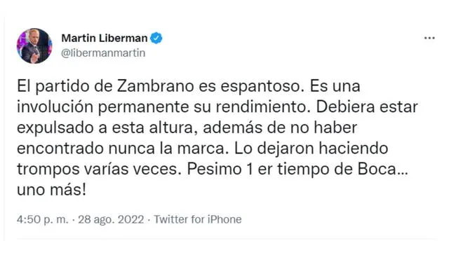 Liberman criticó a Zambrano. Foto: captura de Twitter Liberman criticó a Zambrano. Foto: captura de Twitter