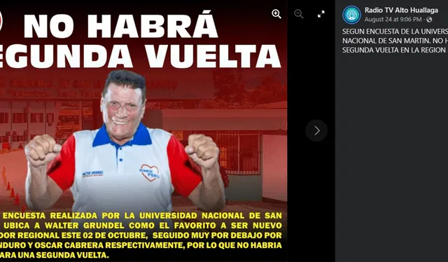 Medio de comunicación local compartió publicación afirmando que la Universidad Nacional de San Martín realizó encuesta. Foto: Facebook de Radio Tv Alto Huallaga