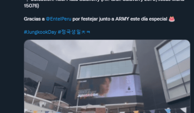 Proyecto por el cumpleaños de Jungkook en Lima, Perú. Foto: captura Twitter/@JK_Peru