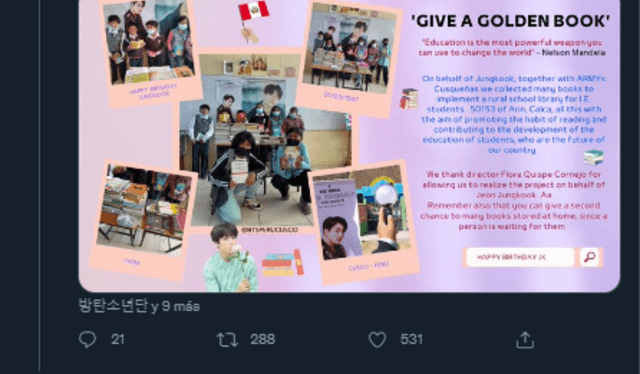 Donativo de ARMY en Cusco, Perú. Foto: captura Twitter/@ARMYCUSCOPERU