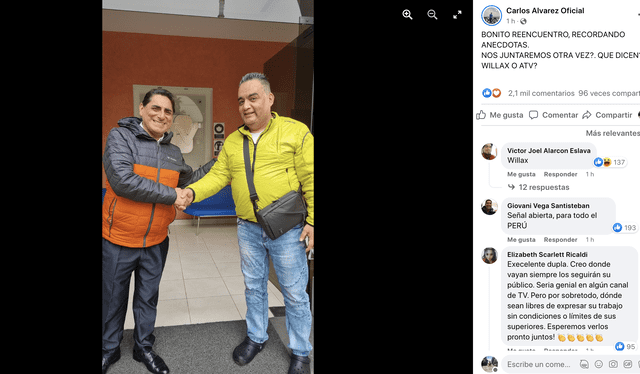 El reencuentro de Carlos Álvarez y Jorge Benavides, referentes de la comicidad en el Perú. Foto: Facebook/ Carlos Álvarez