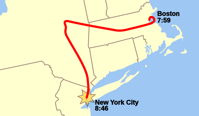 La ruta alterada por los terroristas del vuelo 11 de American Airlines. Foto: Wikimedia