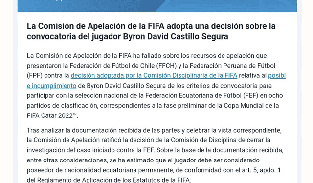 El veredicto de la Cámara de Apelaciones de la FIFA sobre caso Byron Castillo. Foto: captura FIFA