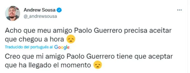 Periodista brasileño sobre Paolo Guerrero. Foto: captura Twitter/Andrew Sousa