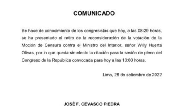 Congreso anuncia retiro de reconsideración de votación de moción de censura contra Willy Huerta