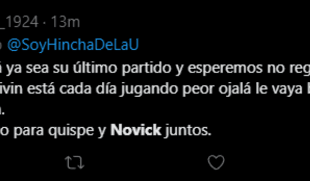 Hincha pide a Novick y Quispe juntos. Foto: captura de Twitter