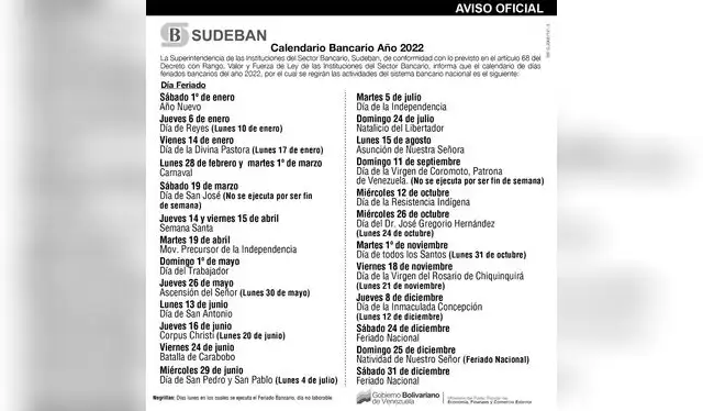Feriados bancarios de la Sudeban para el 2022 en Venezuela: Foto: @SudebanInforma/Twitter Feriados bancarios de la Sudeban para el 2022 en Venezuela: Foto: @SudebanInforma/Twitter