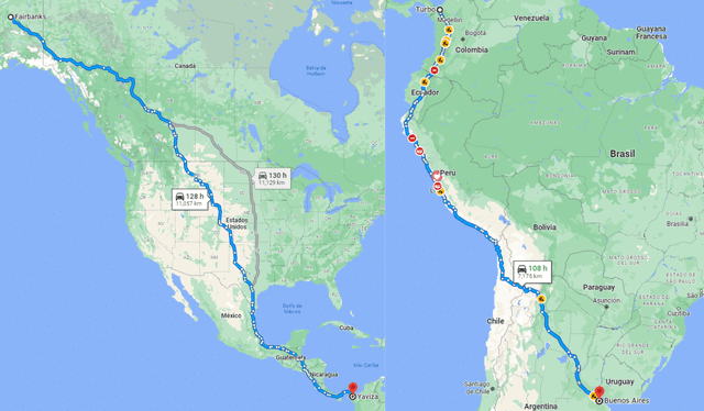 La 'carretera' Panamericana se divide en dos secciones: las rutas norte y sur. Foto: captura de Google Maps