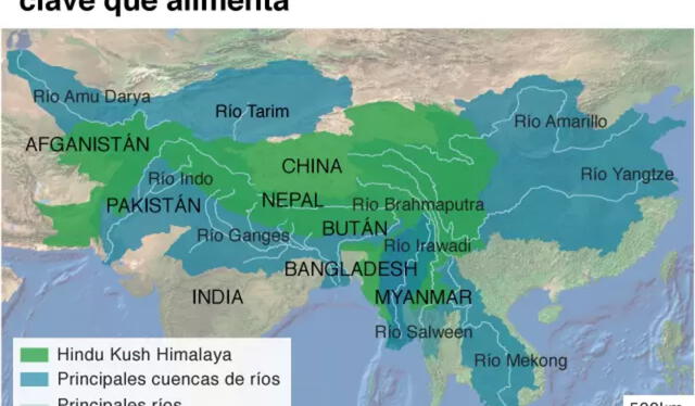Ubicación del tercer polo de la Tierra, también conocido como el sistema Hindu Kush Himalaya. Foto: BBC / ICIMOD